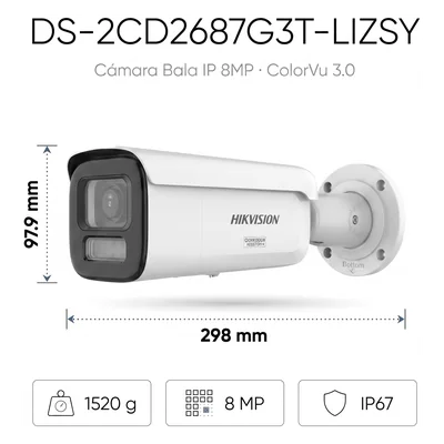 Bala IP 8 Megapixel / Lente Mot. 2.8 a 12 mm / 60 mts IR + Luz Blanca / Exterior IP67 / WDR 130 dB / ACUSENSE 3.0 / Metal / NEMA 4X / ACUSEEK — vista 2