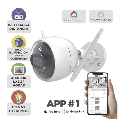 Cámara Bala IP / 2 Megapixel / Doble Lente 2.8 mm / 105° / Visión Nocturna a Color / IR 30 m (98.4 ft) / Wi-Fi 2.4 GHz / IP67 / Audio Bidireccional / Sirena y Luz Estroboscópica