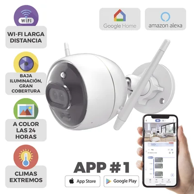 Cámara Bala IP / 2 Megapixel / Doble Lente 2.8 mm / 105° / Visión Nocturna a Color / IR 30 m (98.4 ft) / Wi-Fi 2.4 GHz / IP67 / Audio Bidireccional / Sirena y Luz Estroboscópica — vista 2