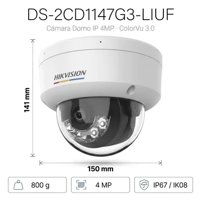 Cámara Domo IP / 4 Megapixel / Color 24/7 / Dual Light 30 m (98.4 ft) / Lente 2.8 mm / WDR 120 dB / IP67 IK08 / PoE — vista 2