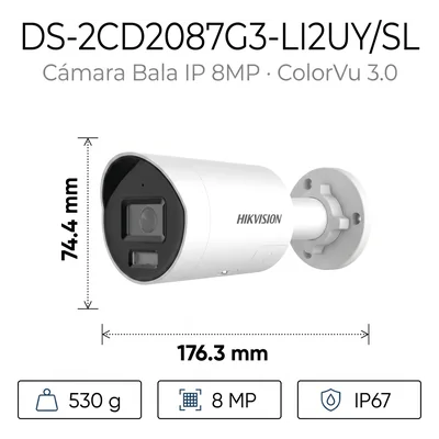 Bala IP / 8 Megapixel / Lente 2.8 mm / 40 m IR + Luz Blanca / 131 ft / Audio 2 Vías / IP67 NEMA 4X / WDR 130 dB / ColorVu 3.0 / AcuSense 3.0 — vista 2