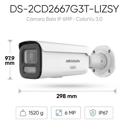 Bala IP / 6 Megapixel / Lente Mot. 2.8 a 12 mm / 60 m IR + Luz Blanca (197 ft) / IP67 NEMA 4X / WDR 130 dB / AcuSense 3.0 + AcuSeek / Metal / -30°C a 60°C — vista 2