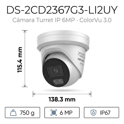 Turret IP / 6 MP / Lente 2.8 mm / IR 30 m + Luz Blanca 30 m / 98 pies / IP67 NEMA 4X / WDR 130 dB / AcuSense 3.0 / Metal — vista 2