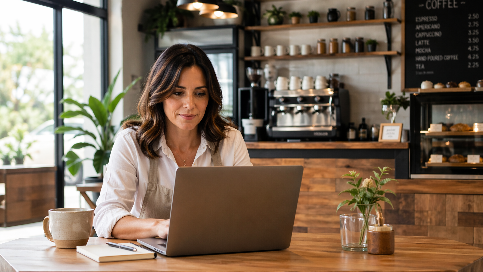 Mujer trabajando en una cafetería, configurando su programa de lealtad.