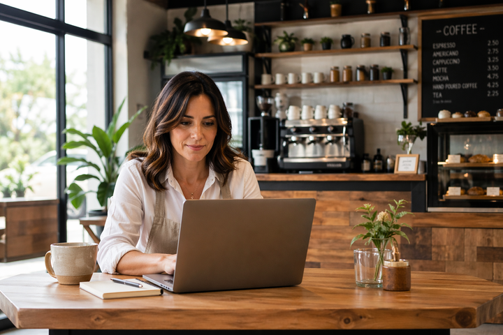 Mujer trabajando en una cafetería, configurando su programa de lealtad.