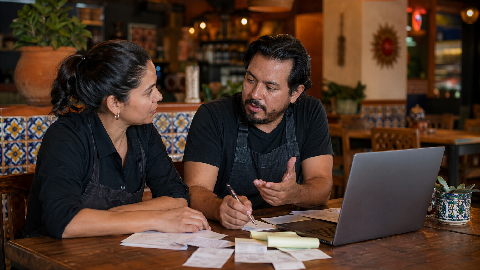 Socios de un restaurante de comida mexicana analizando el historial de compras.