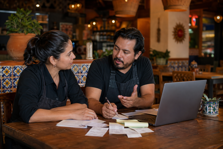 Socios de un restaurante de comida mexicana analizando el historial de compras.
