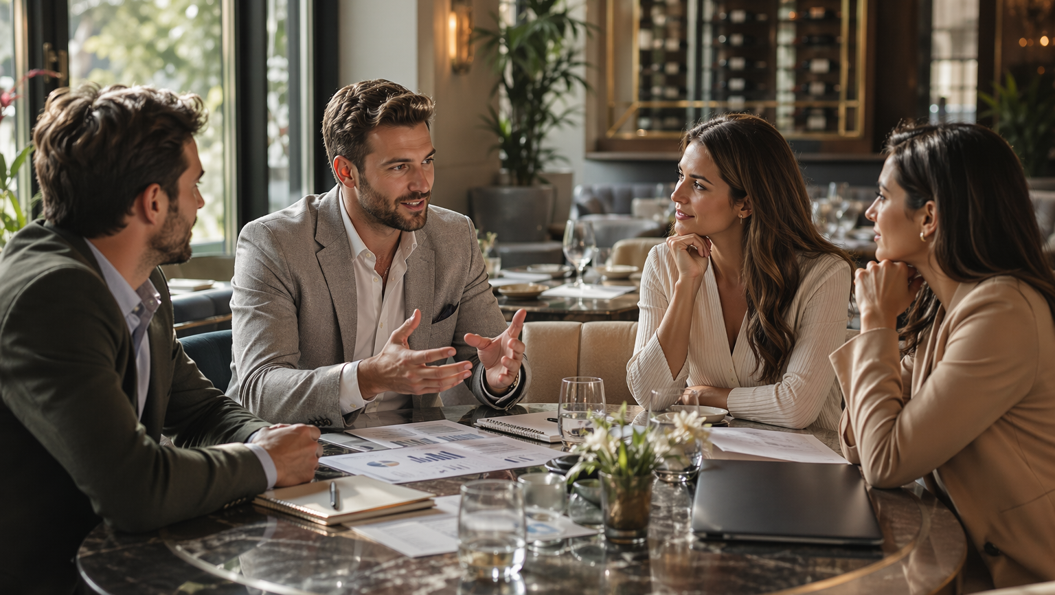 Socios de una cadena de restaurante platican en una mesa