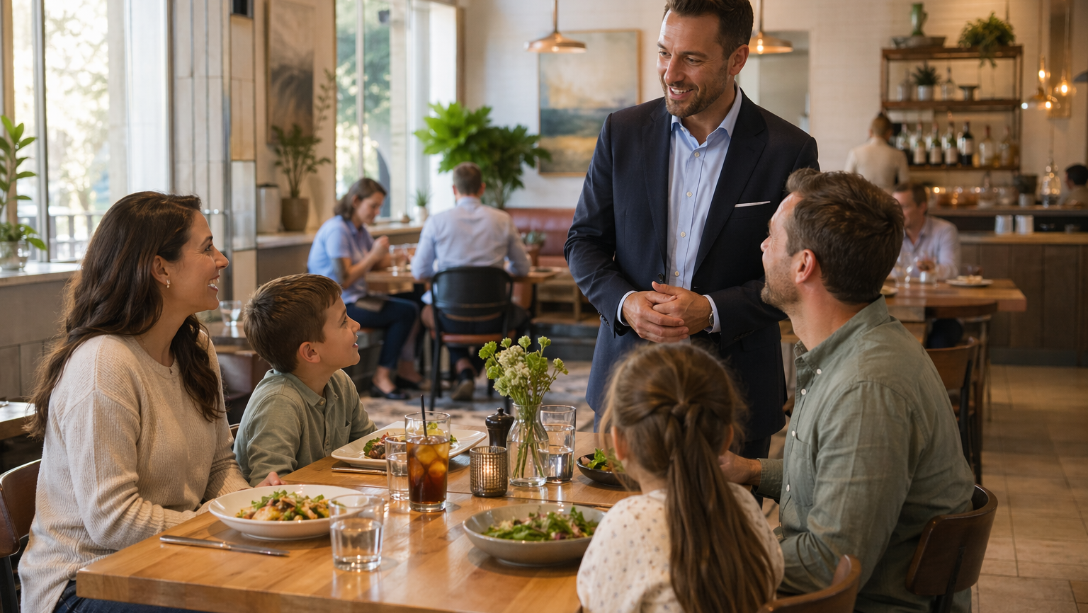Gerente de un restaurante platicando con clientes recurrentes