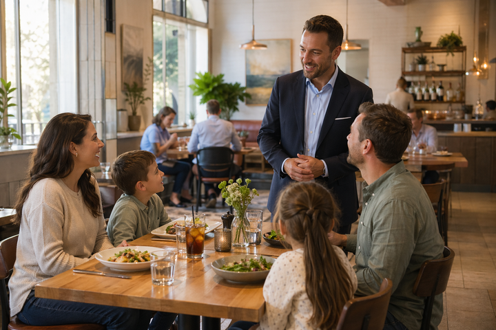 Gerente de un restaurante platicando con clientes recurrentes