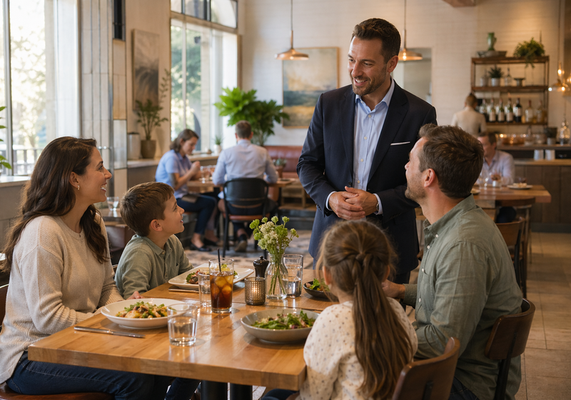 Gerente de un restaurante platicando con clientes recurrentes