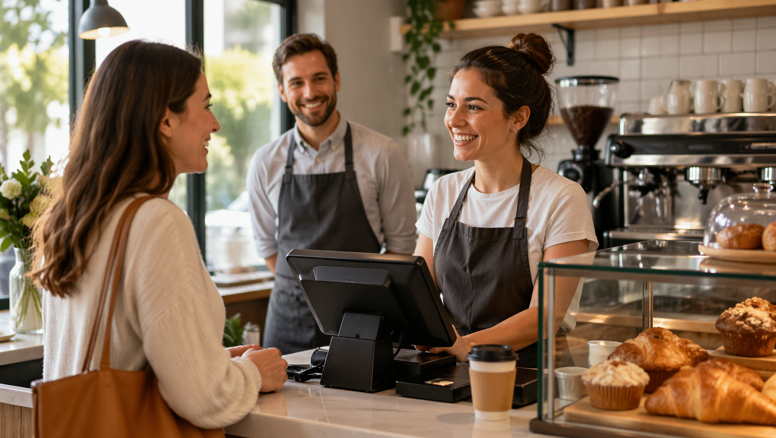 Gerente de cafetería supervisando el registro de un cliente al programa de lealtad