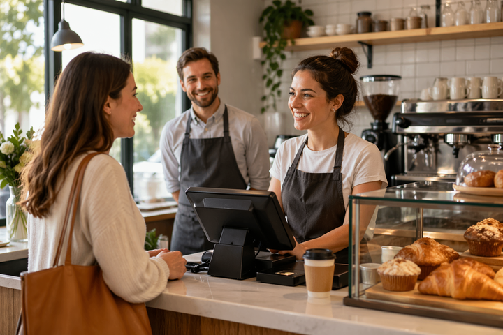 Gerente de cafetería supervisando el registro de un cliente al programa de lealtad