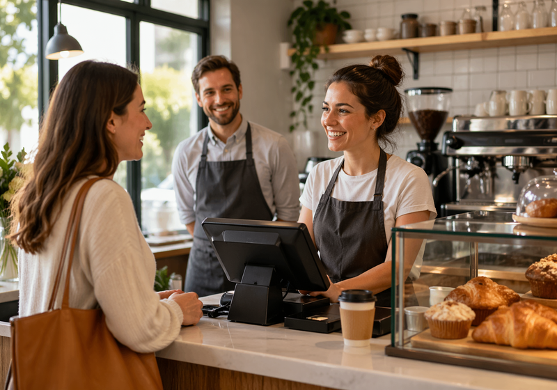 Gerente de cafetería supervisando el registro de un cliente al programa de lealtad