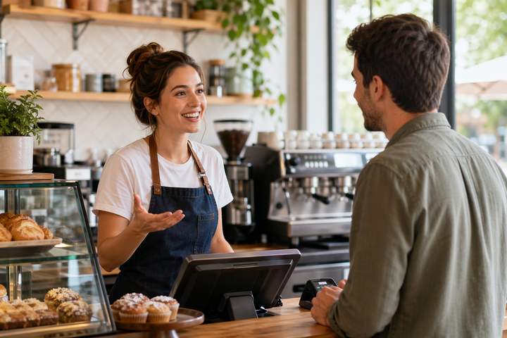 Cajera atendiendo cliente en restaurante