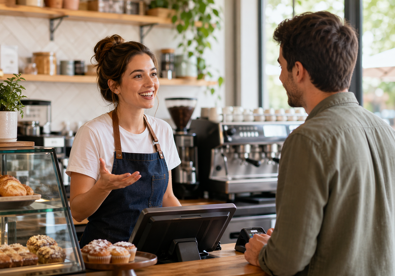 Cajera atendiendo cliente en restaurante