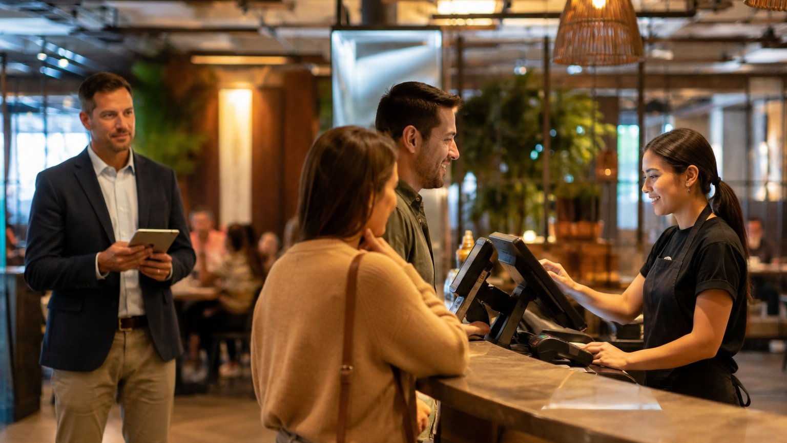 Un gerente de restaurante observando la operación desde cierta distancia mientras un cajero atiende a clientes en caja.