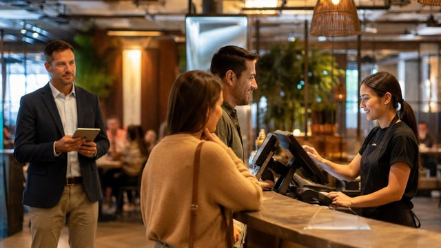 Un gerente de restaurante observando la operación desde cierta distancia mientras un cajero atiende a clientes en caja.