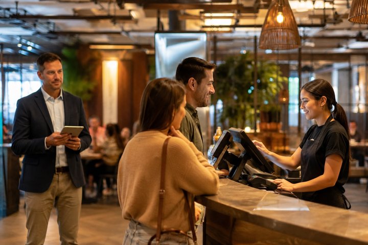 Un gerente de restaurante observando la operación desde cierta distancia mientras un cajero atiende a clientes en caja.