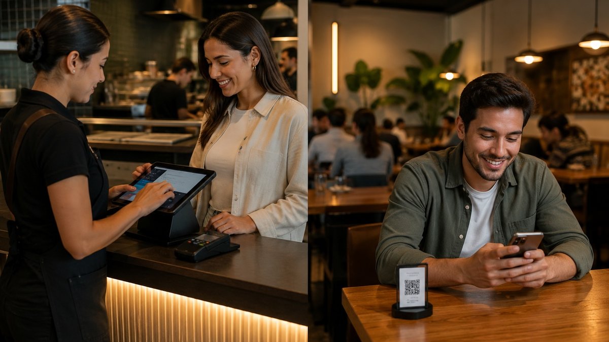 A la izquierda, un miembro del staff registra a un cliente en caja usando una tablet. A la derecha, un cliente sentado consulta su teléfono junto a un QR discreto sobre la mesa.