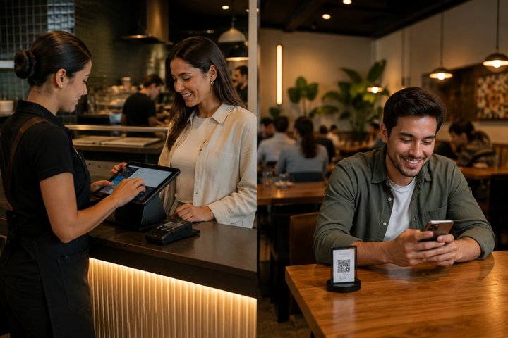 A la izquierda, un miembro del staff registra a un cliente en caja usando una tablet. A la derecha, un cliente sentado consulta su teléfono junto a un QR discreto sobre la mesa.