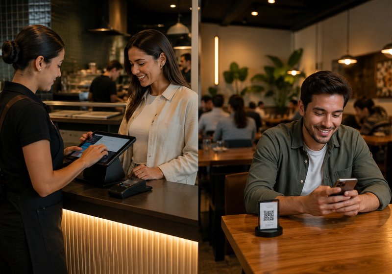 A la izquierda, un miembro del staff registra a un cliente en caja usando una tablet. A la derecha, un cliente sentado consulta su teléfono junto a un QR discreto sobre la mesa.
