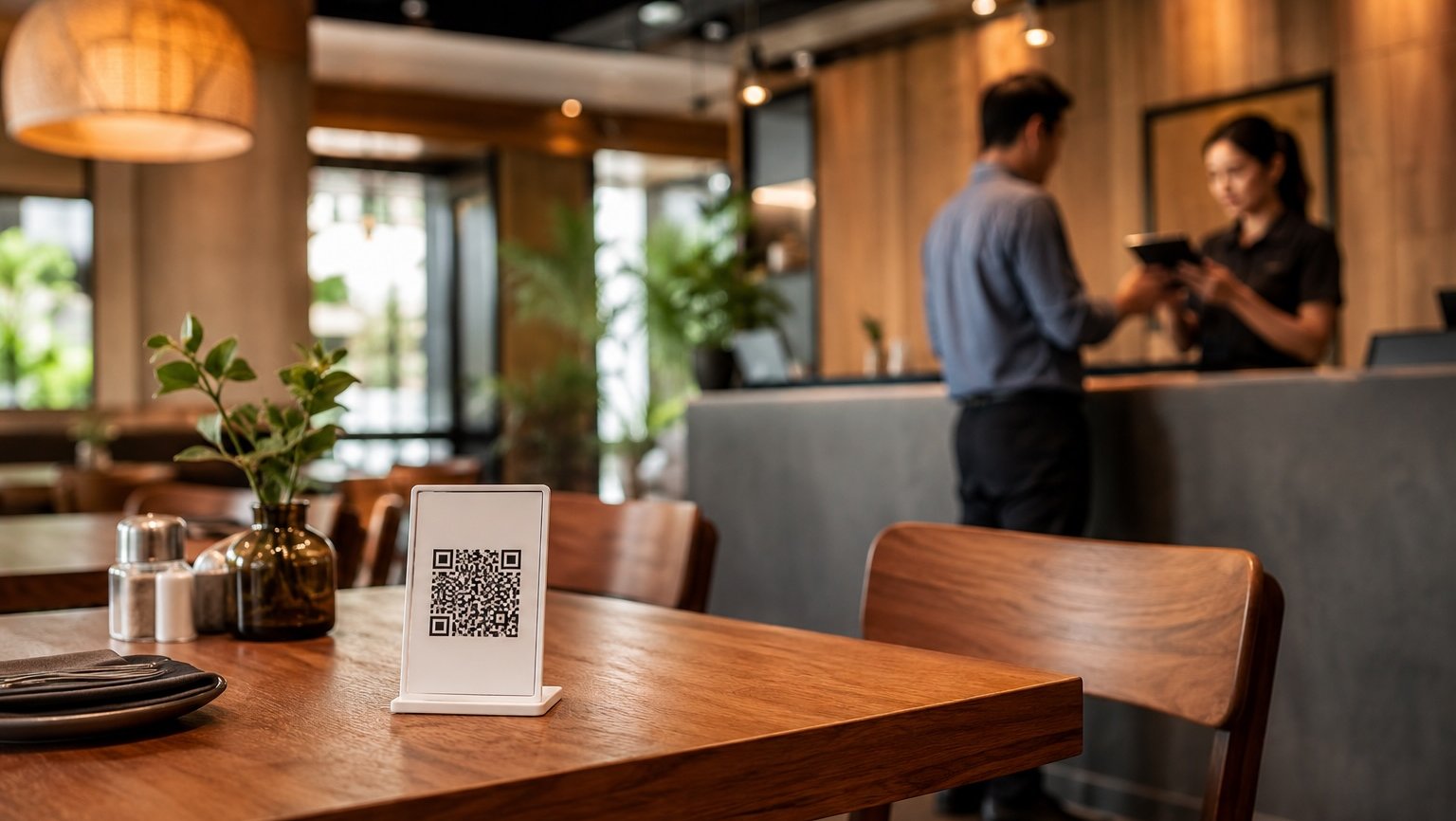 En primer plano, una mesa limpia con un pequeño display de QR visible pero sin ser usado. Al fondo, ligeramente desenfocado, un cliente paga en caja mientras un miembro del staff usa un celular o tablet.