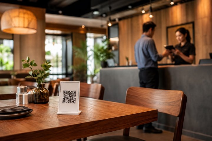 En primer plano, una mesa limpia con un pequeño display de QR visible pero sin ser usado. Al fondo, ligeramente desenfocado, un cliente paga en caja mientras un miembro del staff usa un celular o tablet.