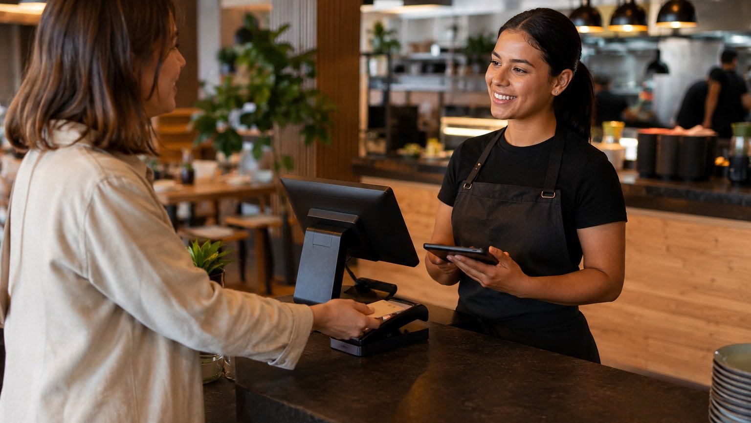 Un miembro del staff sostiene un celular o tablet cerca de la caja mientras habla amablemente con un cliente que está pagando.