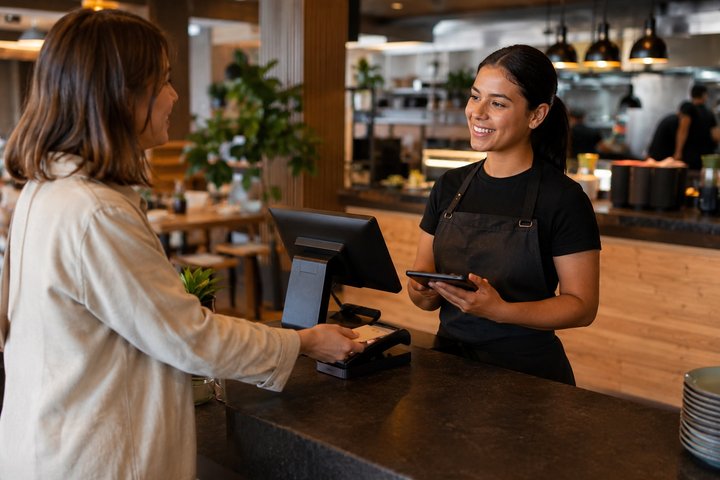 Un miembro del staff sostiene un celular o tablet cerca de la caja mientras habla amablemente con un cliente que está pagando.
