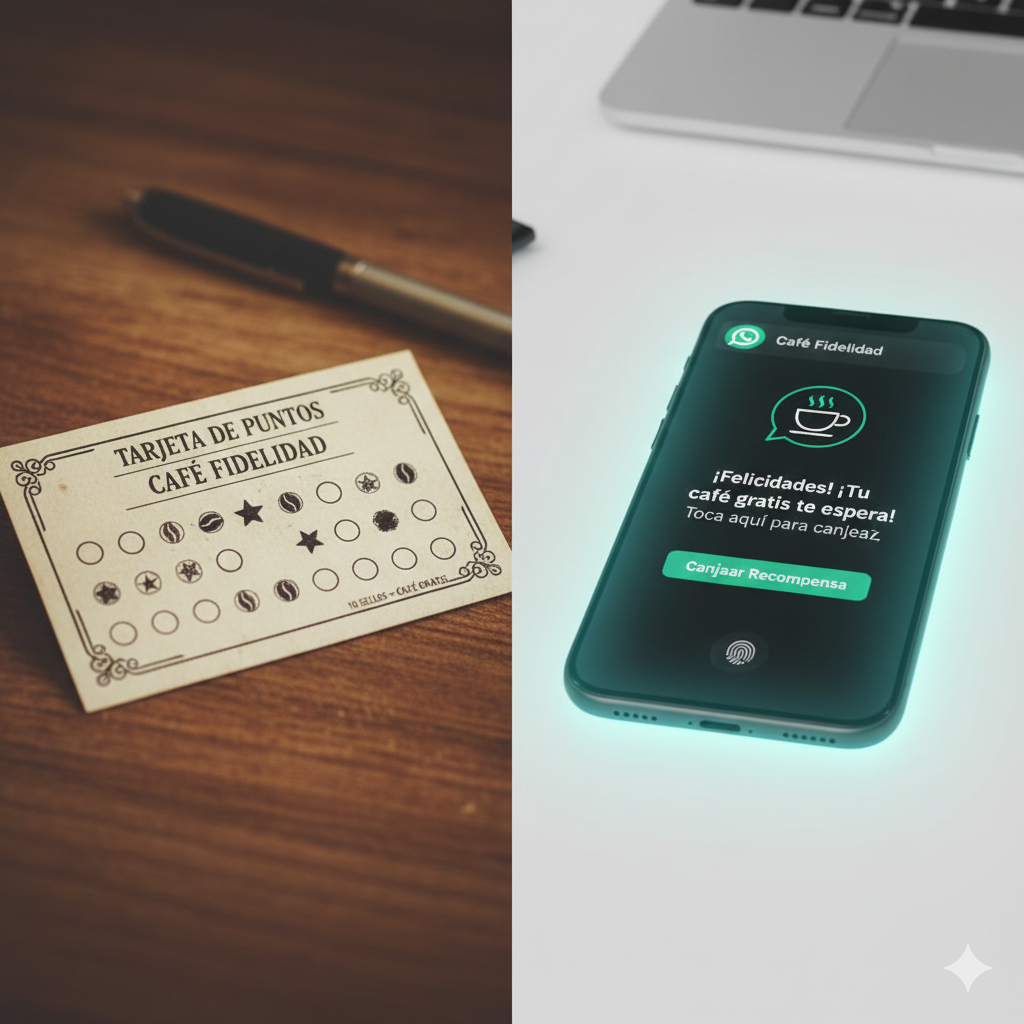 Composición visual dividida - lado izquierdo: tarjeta de puntos física antigua llena de sellos, lado derecho: smartphone con notificación de WhatsApp mostrando recompensa instantánea