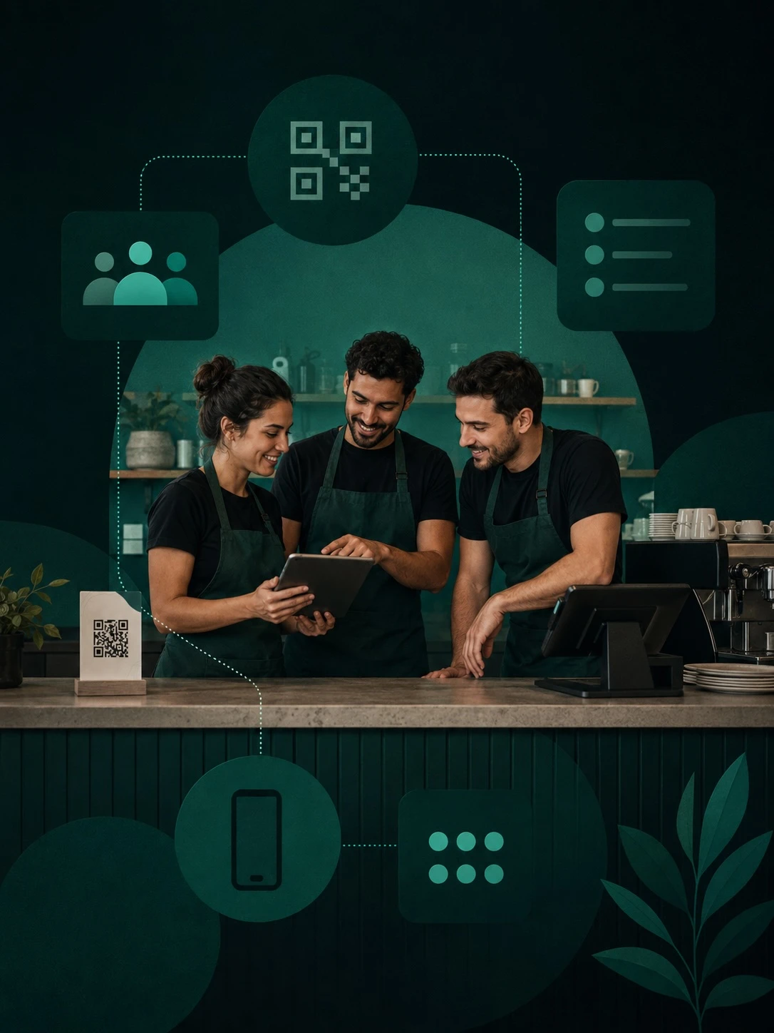 Equipo de restaurante coordinando la operación de Fudi alrededor de un dispositivo