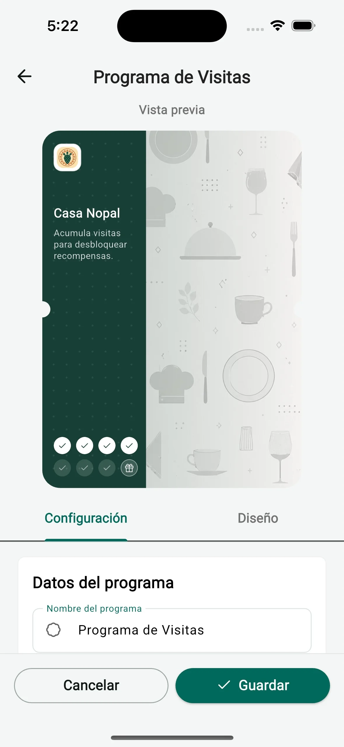 Tarjeta de un programa de lealtad por visitas en Fudi