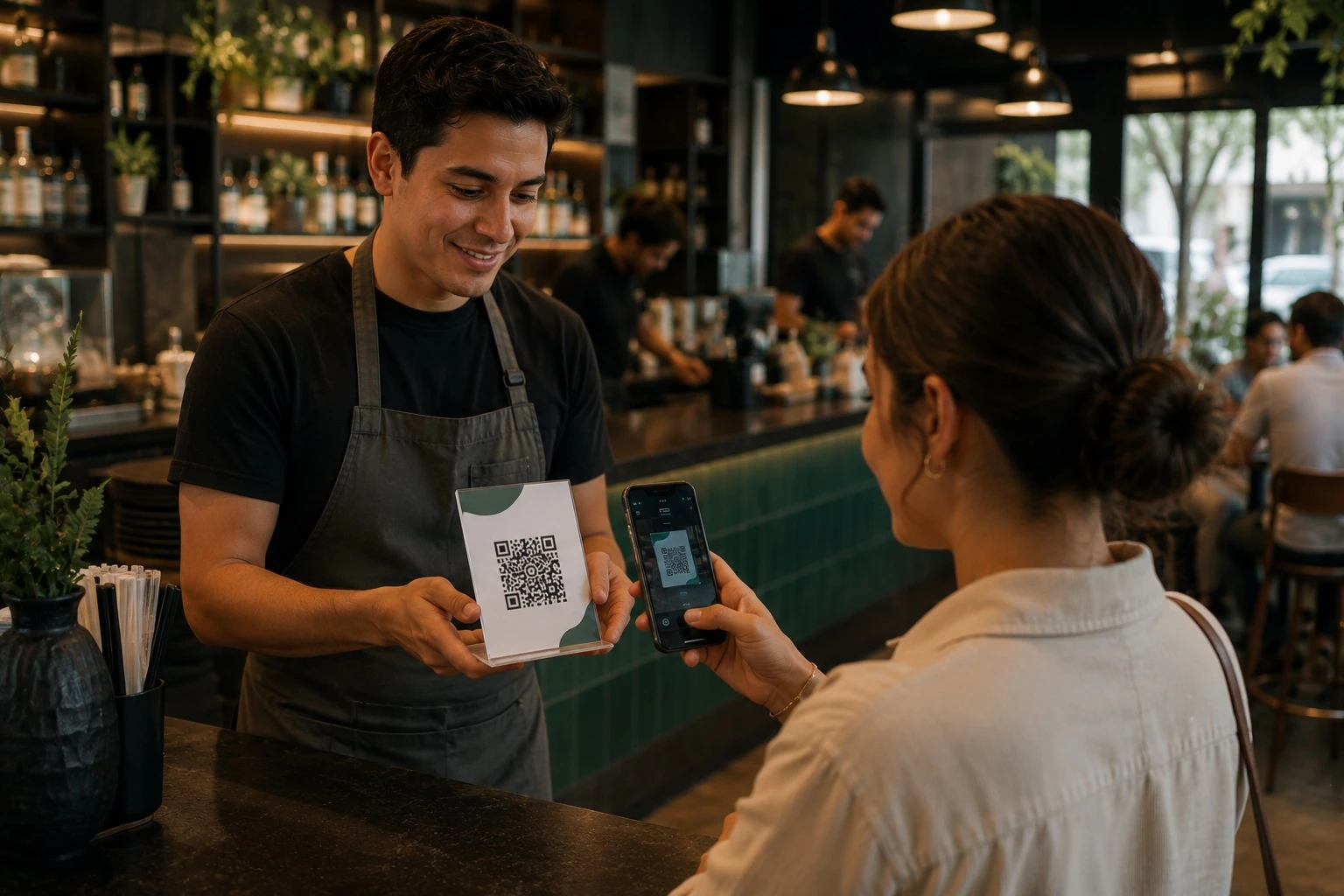 Integrante de un restaurante operando una visita con QR