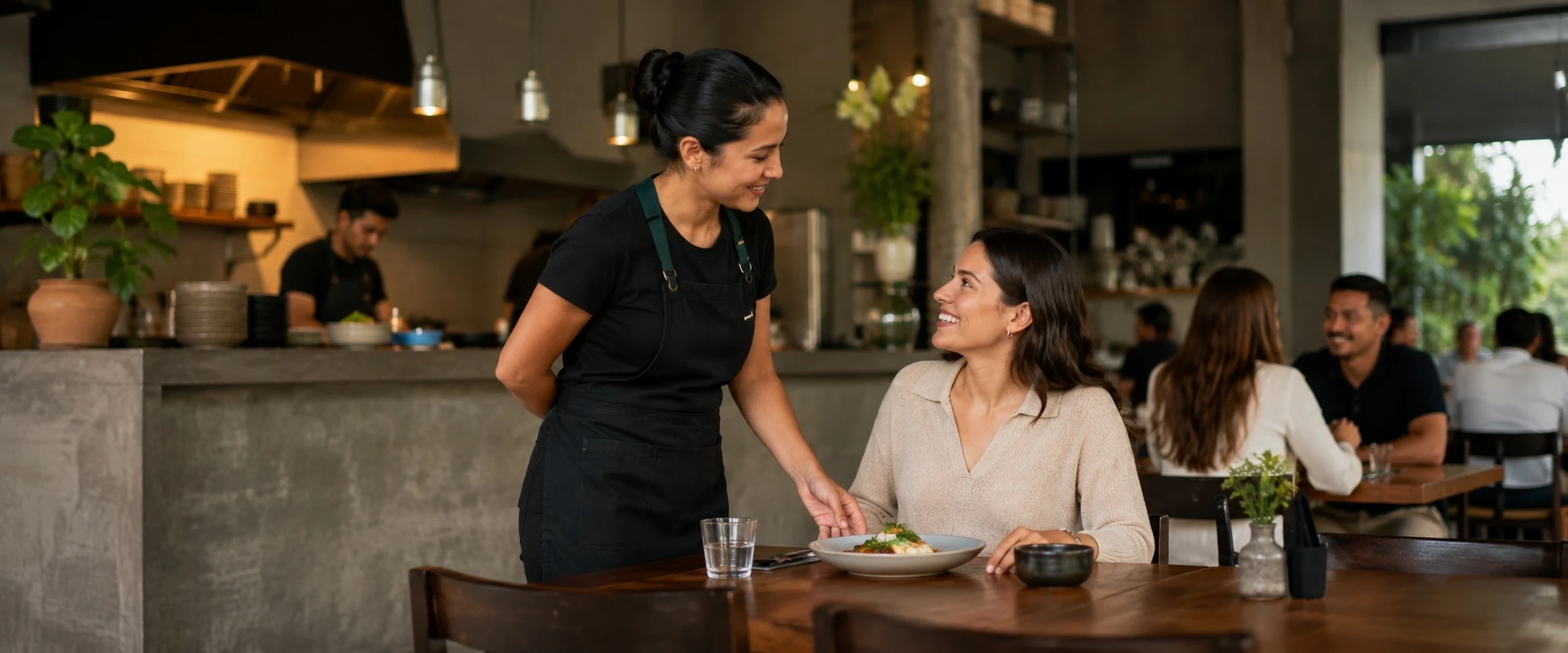 Equipo de un restaurante atendiendo una visita