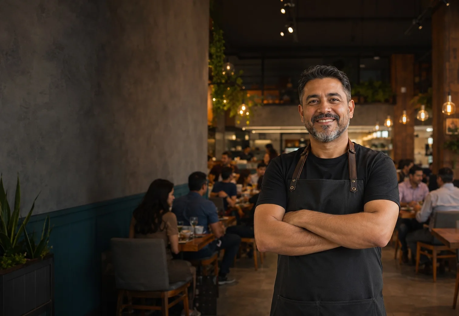 Restaurantero contento con brazos cruzados, de fondo se ve un restaurante lleno.