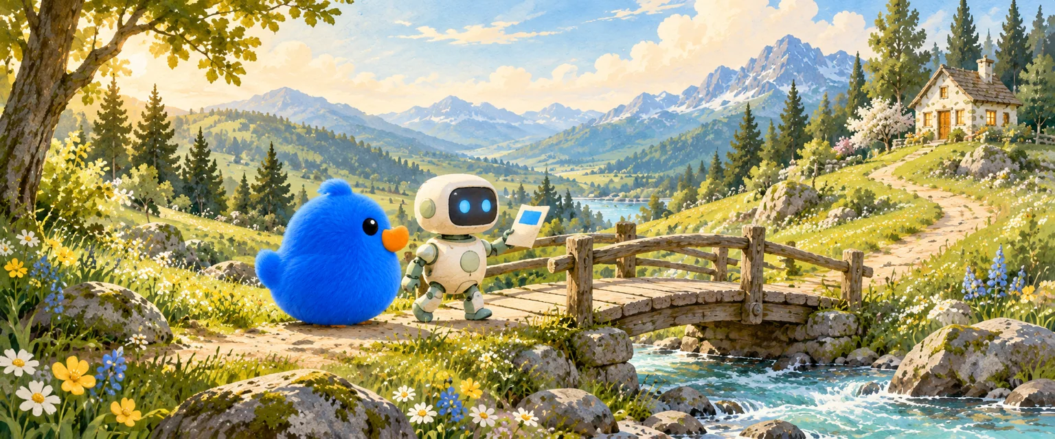 Pom and a little robot carry an observation toward a bridge and a workshop in the mountains