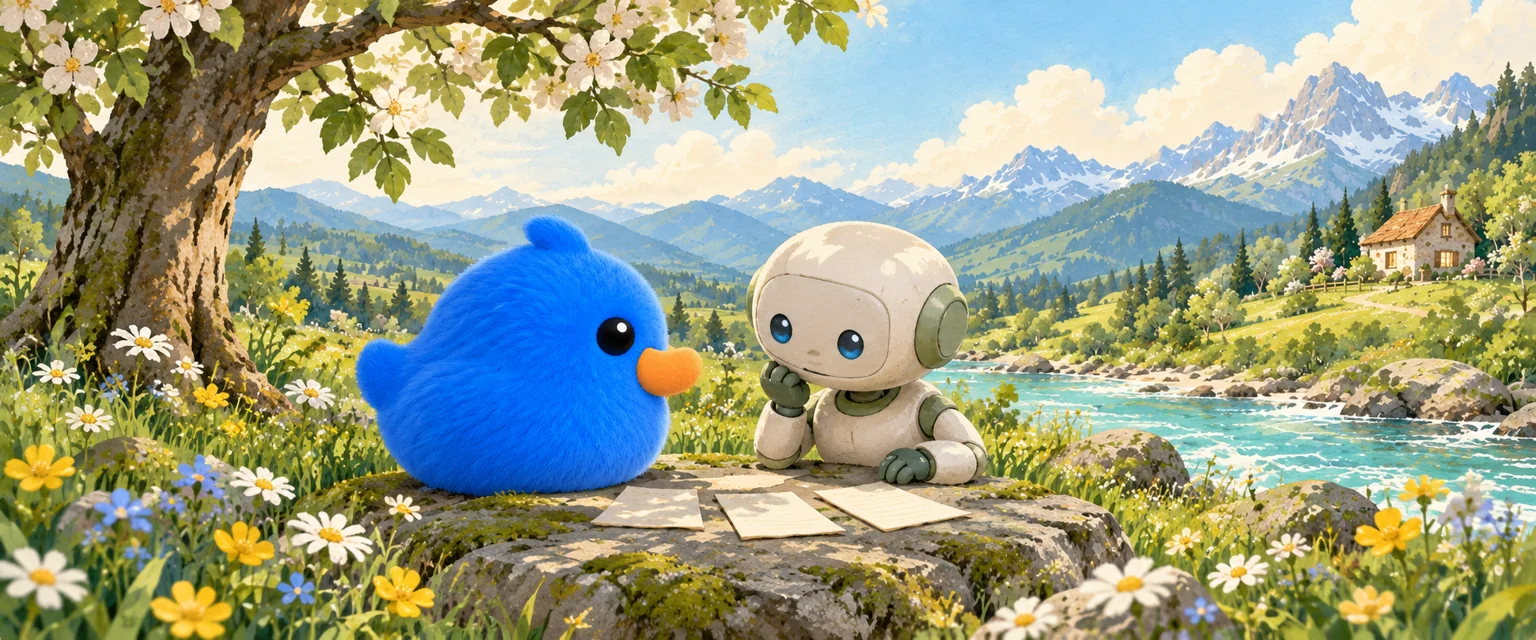 Pom y un robotcito revisan notas juntos en un prado junto al río