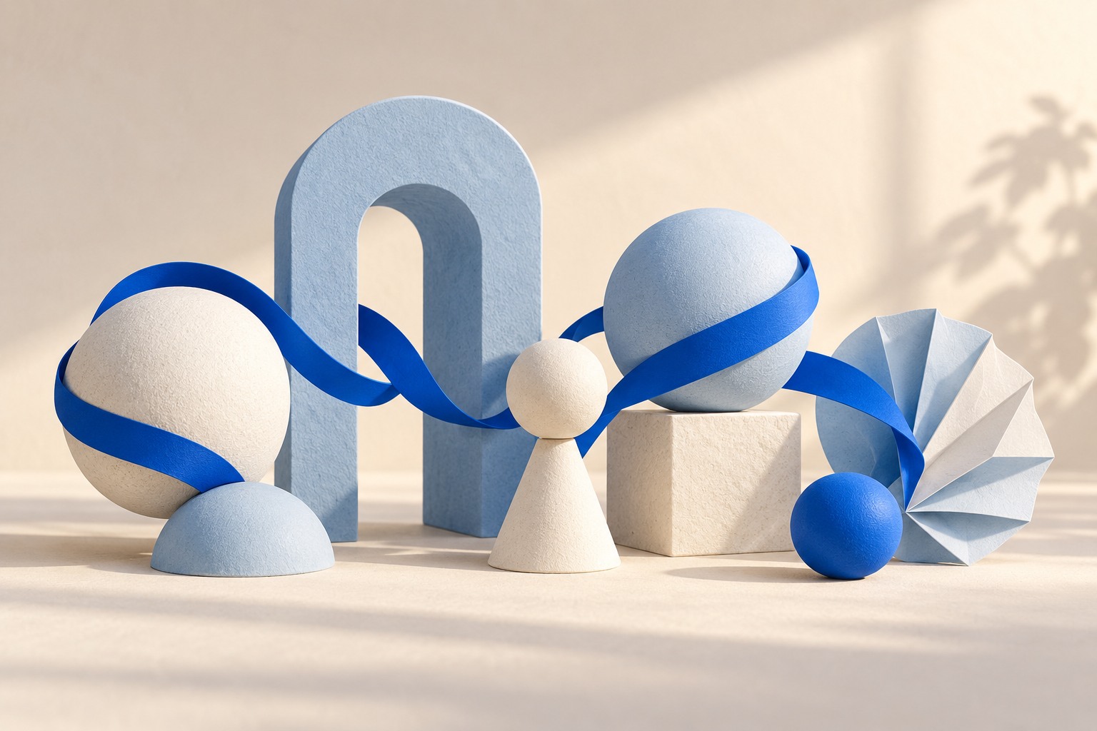 Formas azules y marfil conectadas por una cinta, como un equipo trabajando en conjunto