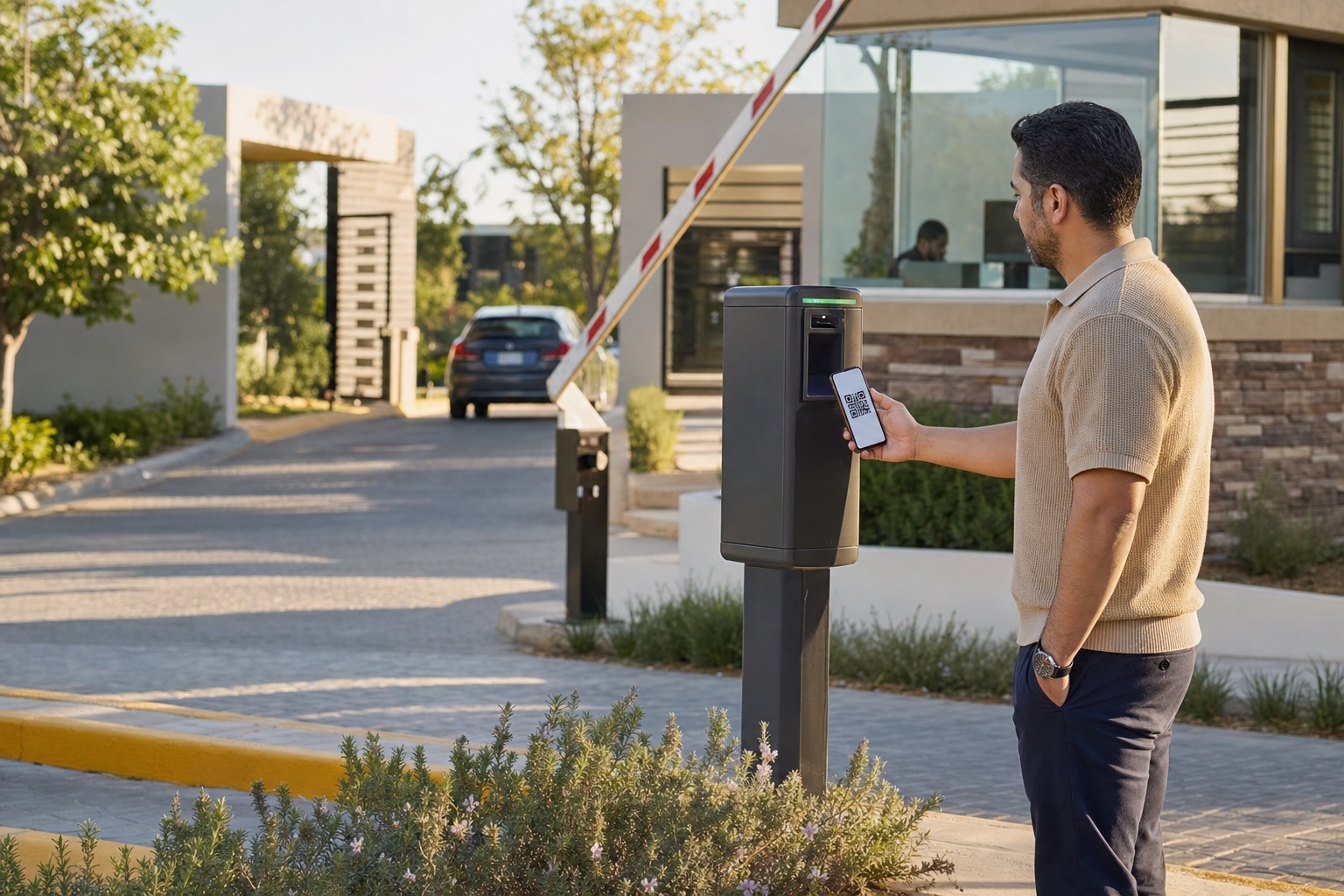 Visitante presentando un código QR para ingresar a un fraccionamiento