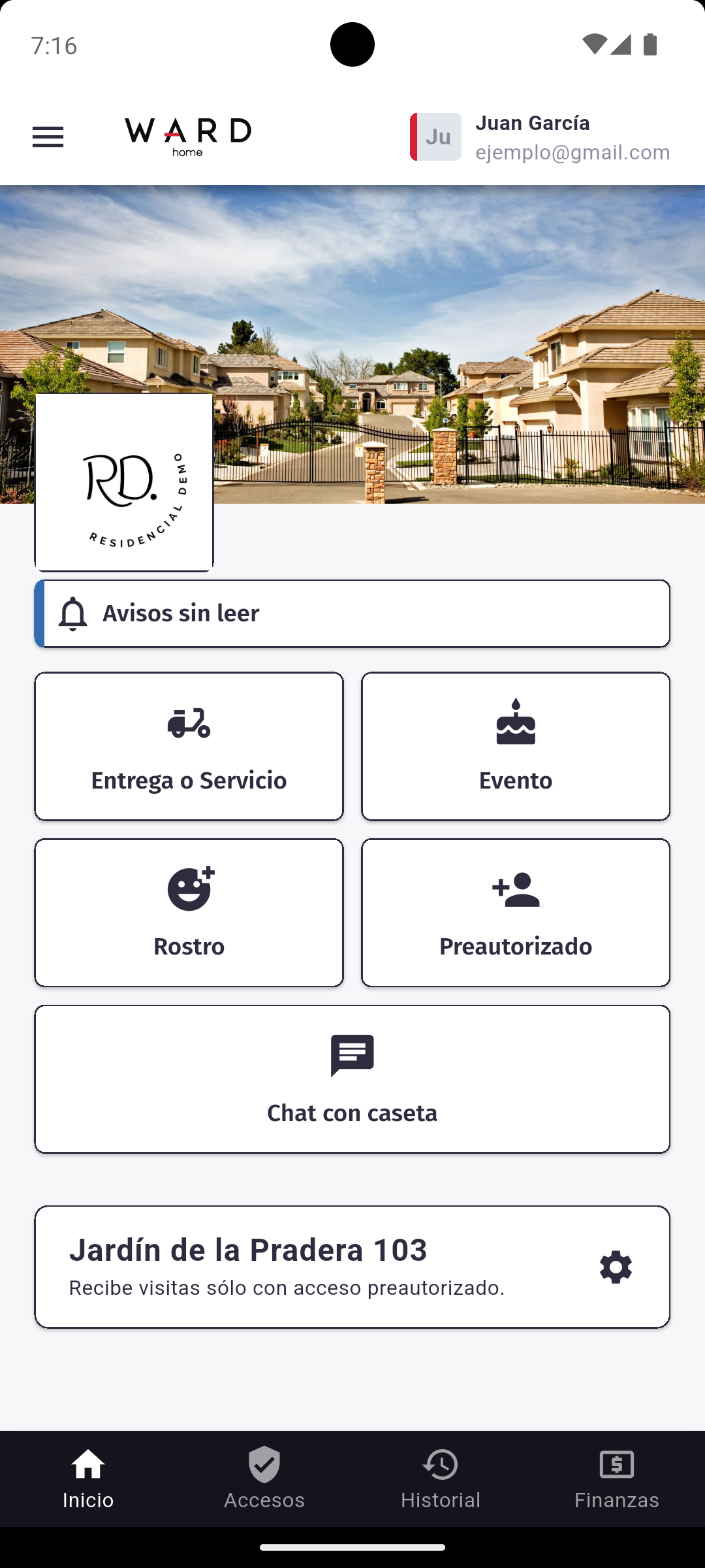 Vista principal de Ward Home en el celular