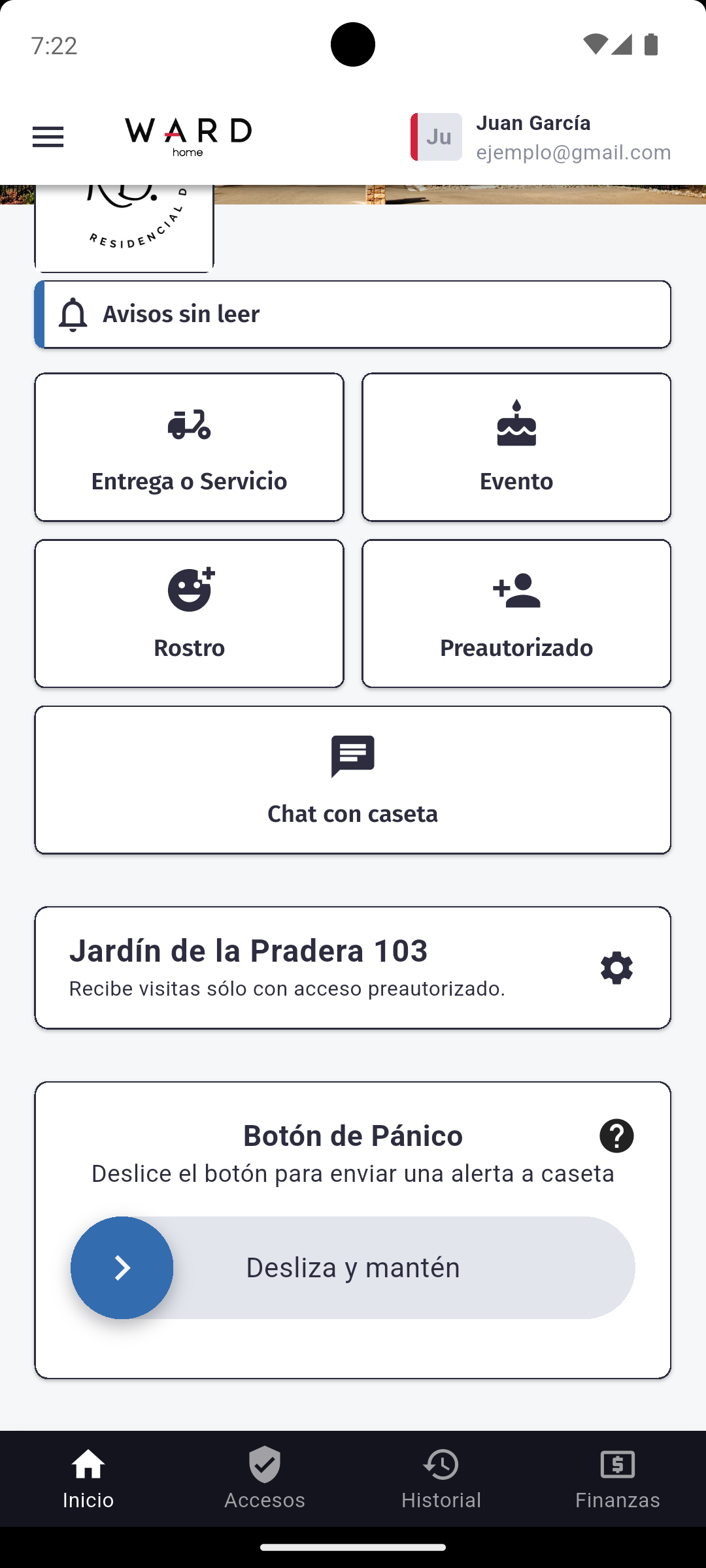 Botón de pánico en la pantalla principal de Ward Home