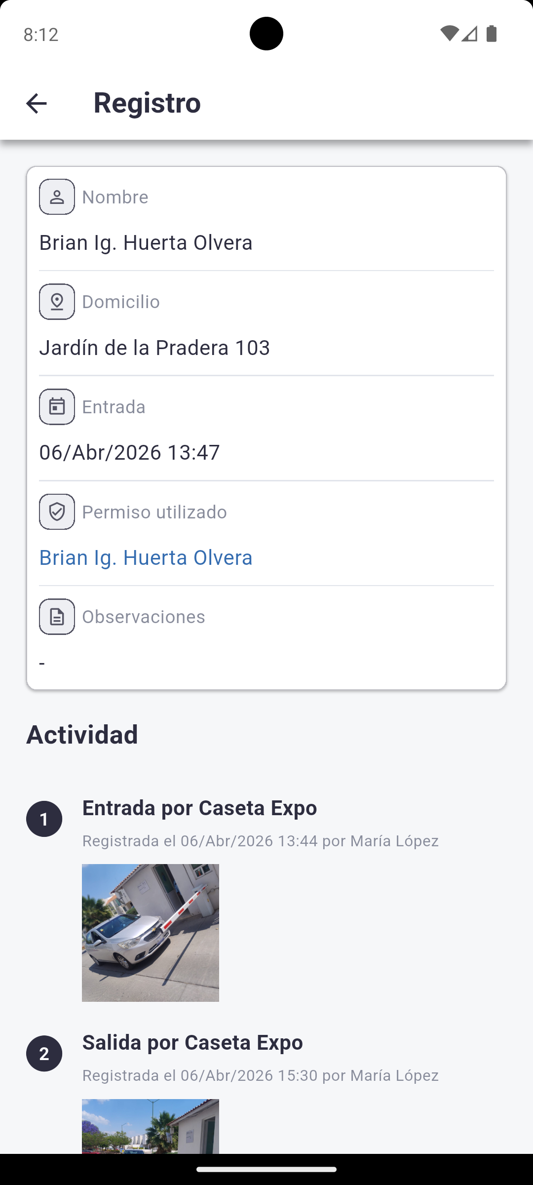 Historial de un acceso en Ward Home