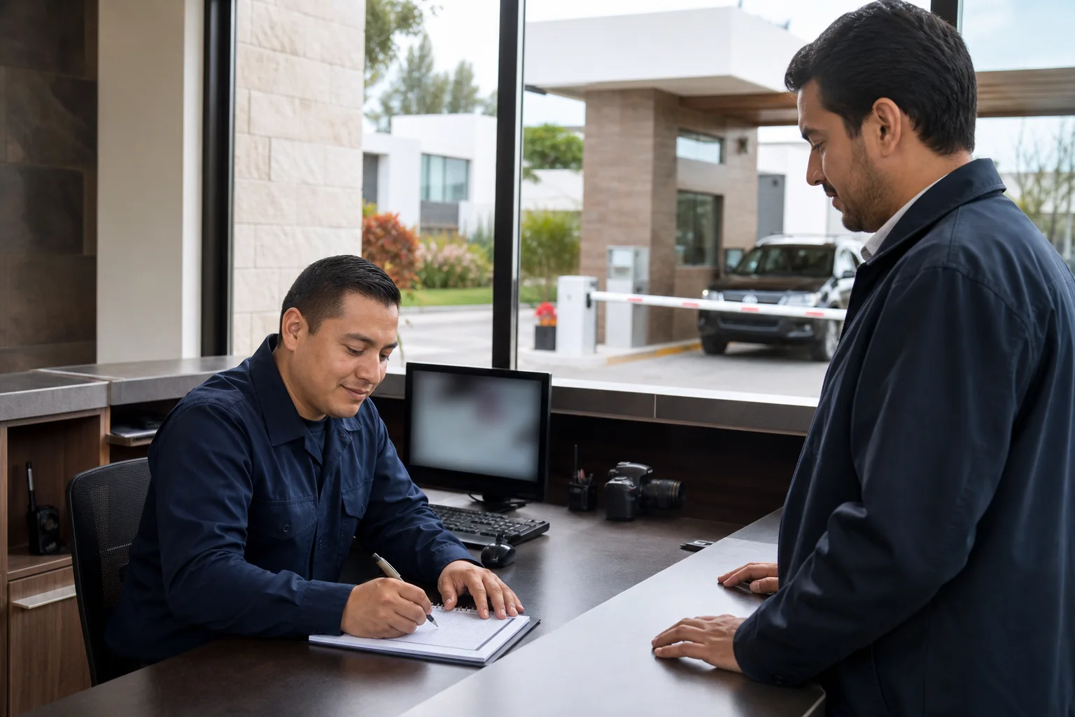 Guardia dedicando tiempo al registro manual de una visita ocasional