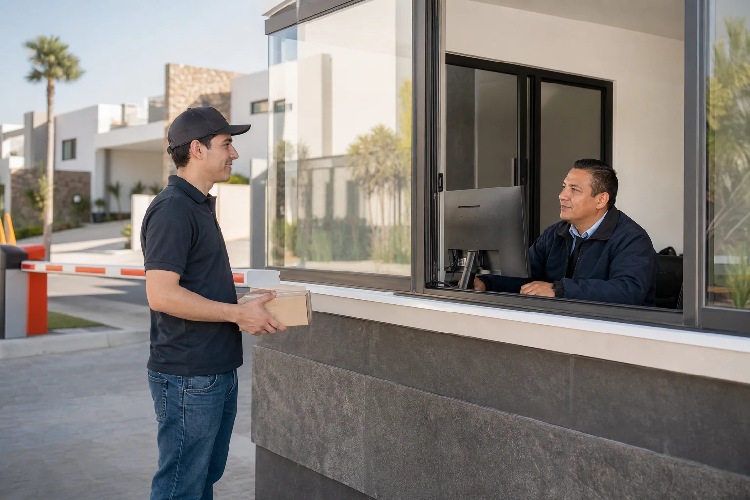 Guardia atendiendo el acceso autorizado de una paquetería
